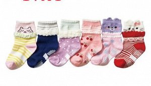 Набор носков для девочек, со стопперами (6 пар), принт "животные/рюшки", цвета в ассортименте