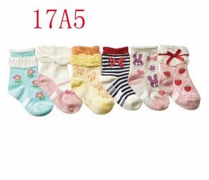 Набор носков для девочек, со стопперами (6 пар), принт "бантики/ягодки/цветочки", цвета в ассортименте