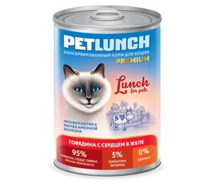 Конс. для кошек 400г."Petlunch" проф. МКБ  желе ГОВЯДИНА+СЕРДЦЕ *9шт.