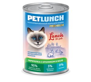 Конс. для кошек 400г."Petlunch" проф. МКБ желе ПЕРЕПЁЛКА+КРОЛИК *9шт.