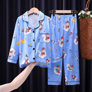 Детская пижама из искусственного шелка (Рубашка на пуговицах + брюки), принт "Рэйнджеры", цвет голубой