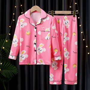 Детская пижама из искусственного шелка (Рубашка на пуговицах + брюки), принт "Зайцы", цвет розовый