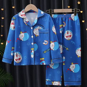 Детская пижама из искусственного шелка (Рубашка на пуговицах + брюки), принт "Дораемон", цвет синий