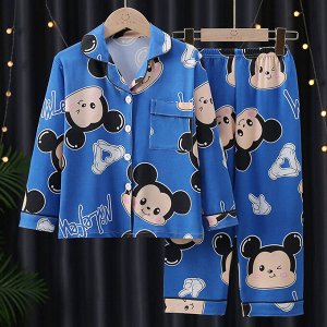 Детская пижама из искусственного шелка (Рубашка на пуговицах + брюки), принт "Мышка", цвет синий
