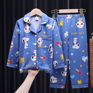 Детская пижама из искусственного шелка (Рубашка на пуговицах + брюки), принт "Снупи", цвет синий