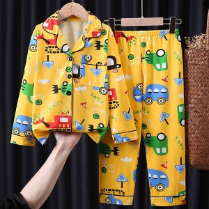 Детская пижама из искусственного шелка (Рубашка на пуговицах + брюки), принт "Авто", цвет желтый