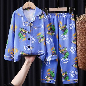 Детская пижама из искусственного шелка (Рубашка на пуговицах + брюки), принт "Халк", цвет синий