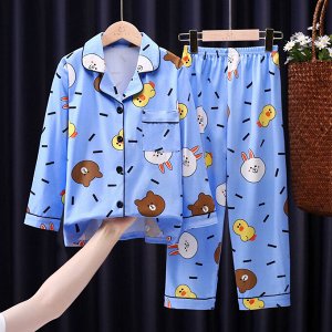 Детская пижама из искусственного шелка (Рубашка на пуговицах + брюки), принт, цвет голубой