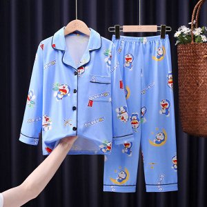 Детская пижама из искусственного шелка (Рубашка на пуговицах + брюки), принт "Дораемон", цвет голубой