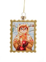 Новогоднее подвесное украшение Котик в платочке из стекла / 2x6,8x9,3см