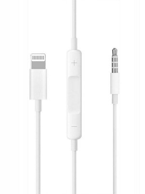 Аудио-кабель AUX с контроллером переходник iOS Lightning на 3.5mm Jack AUX 1м Белый