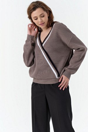 Пуловер вязаный оверсайз со спущенным плечом из хлопка капучино