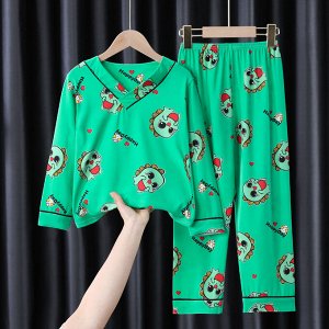 Детская пижама из искусственного шелка (блуза с длинным рукавом + брюки), принт "Дракончик", цвет зеленый