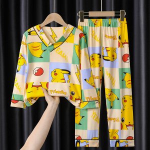 Детская пижама из искусственного шелка (блуза с длинным рукавом + брюки), принт "Пикачу"