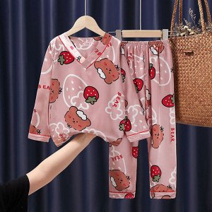 Детская пижама из искусственного шелка (блуза с длинным рукавом + брюки), принт "Медведи и клубники"