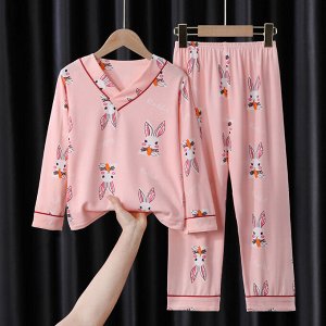 Детская пижама из искусственного шелка (блуза с длинным рукавом + брюки), принт "Кролики", цвет розовый