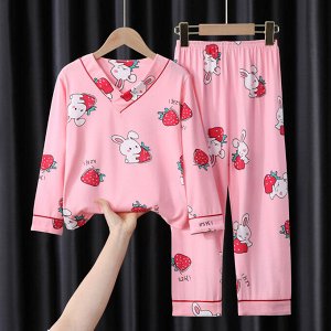 Детская пижама из искусственного шелка (блуза с длинным рукавом + брюки), принт "Зайцы и клубника", цвет розовый