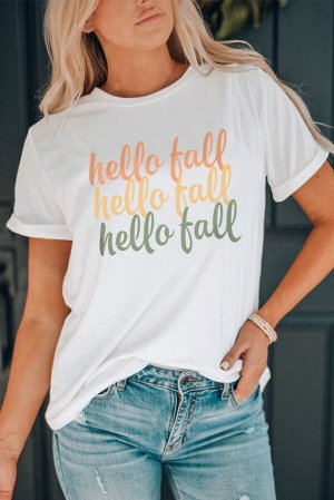 Белая футболка с разноцветной надписью: hello fall