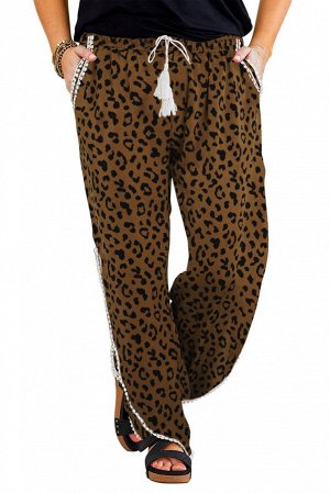 Коричневые леопардовые брюки с разрезами и завязками на талии