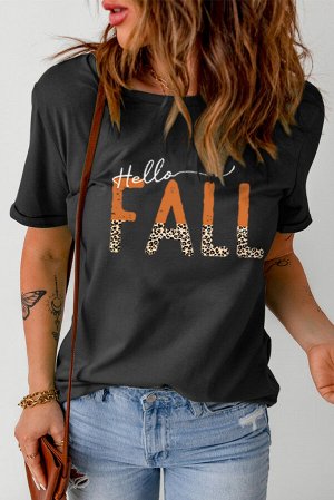 Черная футболка с леопардовой надписью: Hello Fall