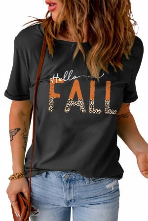 Черная футболка с леопардовой надписью: Hello Fall