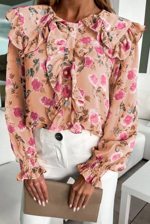 Розовая блузка с цветочным принтом длинным рукавом и рюшами