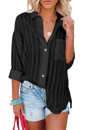 Черная текстурированная рубашка с пуговицами и нагрудным карманом