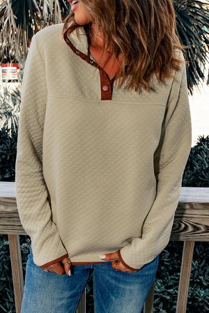 Beige Contrast Binding Snap Button Geometric Pullover Sweatshirt