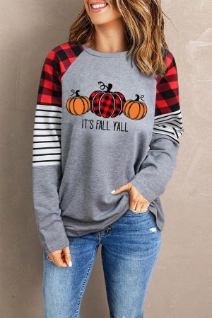 Gray Fall Cute Pumpkin Graphic Plaid Striped Sleeve Pullover