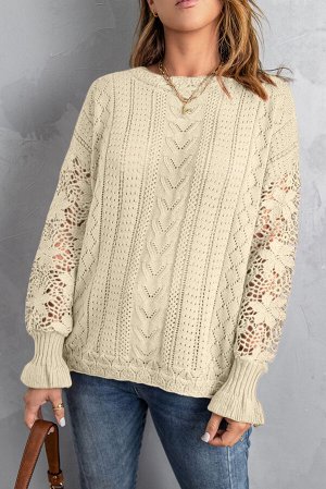 Бежевый вязаный свитер с перфорацией и кружевным вставками на рукавах