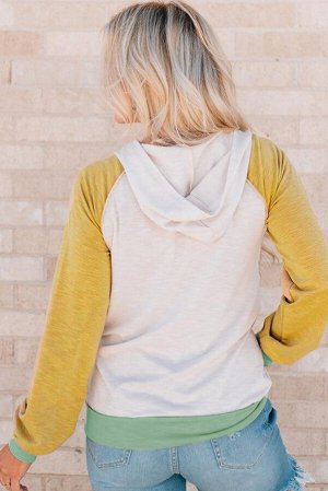 Yellow Colorblock Button Accent Pullover Hoodie