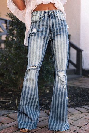 Sky Blue High Waist Distressed Striped Flare Jeans