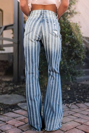 Sky Blue High Waist Distressed Striped Flare Jeans