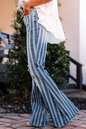 Sky Blue High Waist Distressed Striped Flare Jeans