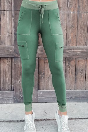 Зеленые леггинсы-карго с карманами эластичным поясом и шнурком