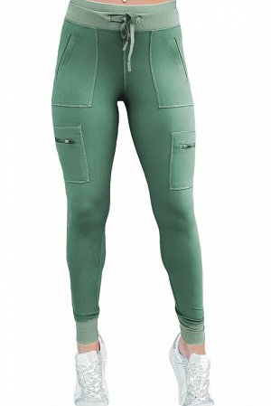 Зеленые леггинсы-карго с карманами эластичным поясом и шнурком