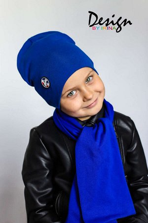 Удлиненная хлопковая шапка для мальчика «Rubber» василёк  с шарфом такой же расцветки