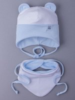 Шапка трикотажная детская с ушками на завязках, нашивка Be Happy + нагрудник,нежно-голубой
