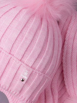 Шапка вязаная детская с помпоном на завязках, лапша, HELLO WINTER + шарф, светло-розовый