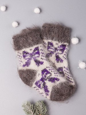Носки вязаные детские пуховые, фиолетовые бантики, серый (козий пух)