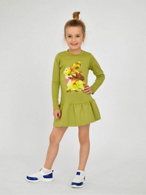 Платье Платье для девочки "Осенний кролик" выполнено из хлопкового полотна интерлок. Изделие с заниженной линией талии, длинным втачным рукавом. Округлый вырез горловины. Украшением платья служит прин