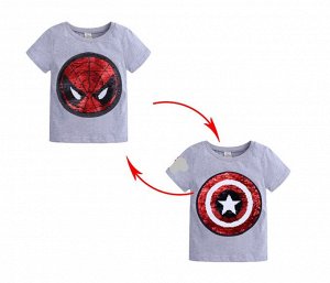 Детская футболка с пайетками, принт "Человек-паук/Капитан Америка", цвет серый