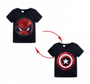 Детская футболка с пайетками, принт "Человек-паук/Капитан Америка", цвет черный