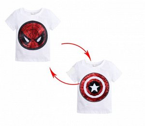 Детская футболка с пайетками, принт "Человек-паук/Капитан Америка", цвет белый