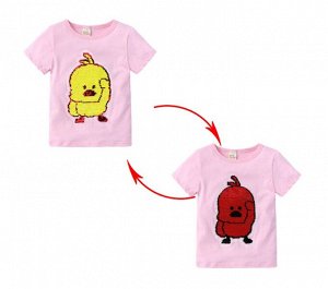 Детская футболка с пайетками, принт "Цыпленок", цвет розовый