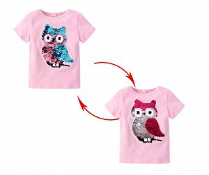Детская футболка с пайетками, принт "Сова", цвет розовый