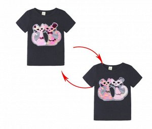 Детская футболка с пайетками, принт "Кошки", цвет черный
