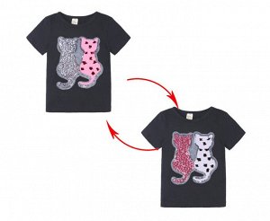 Детская футболка с пайетками, принт "Кошки", цвет черный