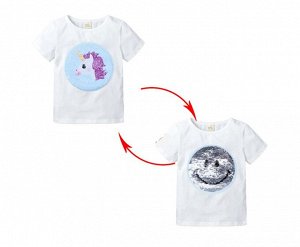 Детская футболка с пайетками, принт "Единорог/смайл", цвет белый
