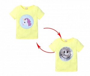 Детская футболка с пайетками, принт "Единорог/смайл", цвет желтый
